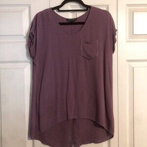 ROCK & REPUBLIC Mauve Small High Low Hem Split Back Mixed Media Blouse Top Bling
